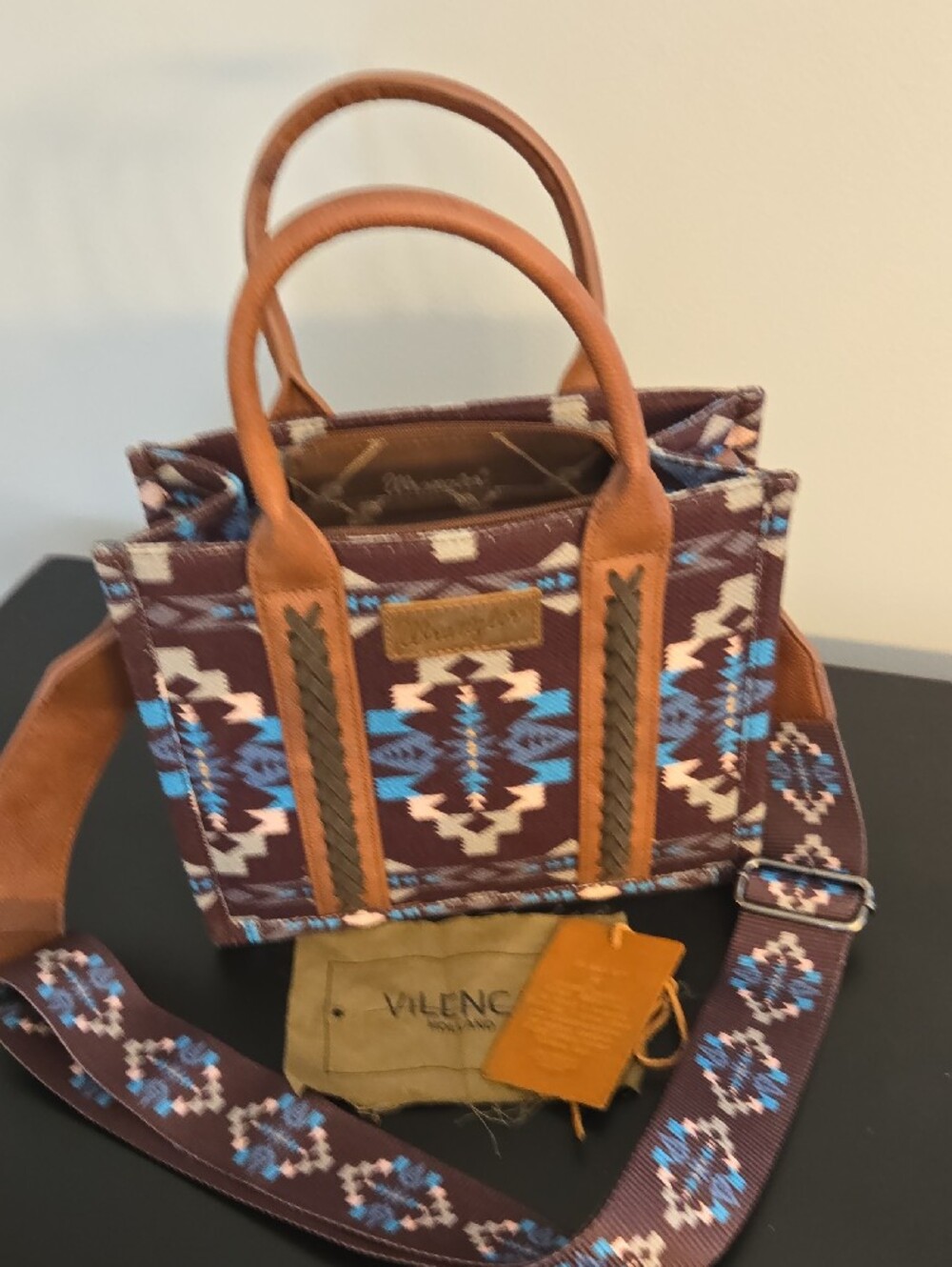 Wrangler Brown Aztec-Print Crossbody Tote with Blue Accents - Picture 2 of 2